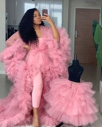 Cute Tulle Prom Dresses Women Long Tulle Maternity Robes Custom Made Sheer Tulle Robe With Bow Ruffled Photography Maternity Gowns