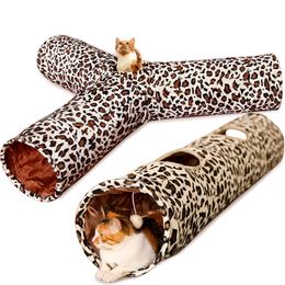 Pet Tunnel 3 Holes Leopard Crinkle Kitten Play Toy with Ball Collapsible Tunnel Tube for Small Medium and Large Cats Rabbit LJ201125