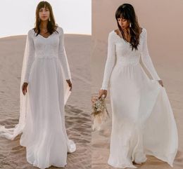 Einfaches modisches Boho-Strand-Chiffon-Hochzeitskleid mit langen Ärmeln, V-Ausschnitt, rückenfrei, böhmische Brautkleider, Sweep-Zug, formelle Kleider, Robe de Soir￩e de Mariage