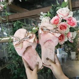 COOTELILI Women Plush Home Slippers with Faux Fur Warm Shoes Woman Slip on Flats Cute Bowtie Female Slides Plus Size 41 Y201026