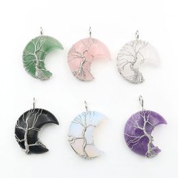 Natural Crystal Pendant Tree Of Life Moon Shape Reiki Polished Mineral Jewelry Healing Stone For Men Women Jewelry Gift249T