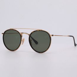 Óculos de sol redondos de metal duplo ponte vintage para homens Óculos de sol Uv400 Lente de vidro Flash Óculos de sol 3647