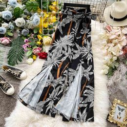Vacation Style Split High Waist Wide Leg Pants Woman Bohemian Loose Fit Summer Trousers Ladies Lace-Up Printed Trousers Women T200422