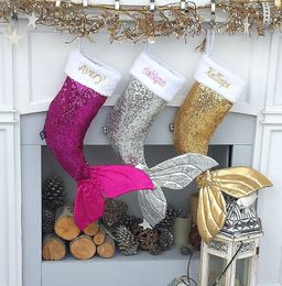 Christmas Stockings Sequins Mermaid Gift Bags Bling Fishtail Candy Bag Holders Xmas Socks Party Home Decorations 3 Colours YG842