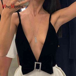 Sexy Sling Lace Up Deep V Cropped Camisole Women Bowknot Slim Diamond Slim Tank Tops 2021 Fall Winter Black Goth Mall Vest Y220304