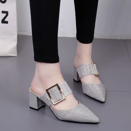 Women Female Fashion Casual Belt Buckle Pointed Toe Half Slides Sandals High Chunky Heels Slippers Mules Shoes 789 X1020