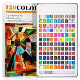 120 Color Professional Grade Solid Watercolor Painting Set Including Water Brush Fluorescent Macaron Metallic Color Art Supplies 201226