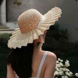 Natural Large Wide Brim Wavy Ruffles Hats Raffia Straw Hat Women Summer Fringe Beach Hat Weave Sun Hat With Black&White Belt Y200602