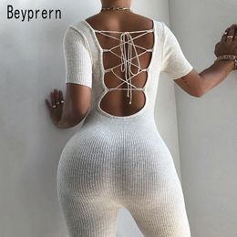 Beyprern Sexy Back-Laced Knit Ribbed Bodycon Playsuit Summer Womens Casual Solid Biker Shorts Jumpsuit Rompers Bandage Overalls T200704