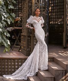 Vintage White Mermiad Wedding Dresses Lace Appliques Bridal Gown Custom Made Embroidery Sheer Neck Puffy Long Sleeves Robes De Mariée