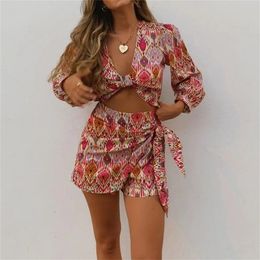 TRAF Women Sets Print Skirt Shorts Woman Floral Top Female Long Sleeve Knot Crop Summer Suits Vintage High Waist 220302