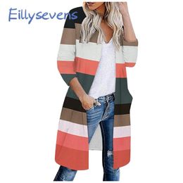 Women's Jackets Colour Stripe Fashion Women Cardigan Casual Long Sleeves 2021 Autumn Winter Tops Female Oversize Korean Knitted Sweater Roupa