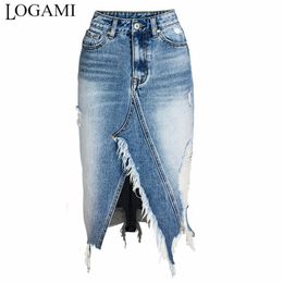 LOGAMI Ripped Denim Skirts Womens Asymmetrical Pencil Jean Skirt Ladies High Split Midi Skirt Plus Size 2XL 3XL LJ200820
