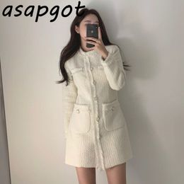Asapgot Thick Autumn Winter Dress Fashion Chic Elegant Temperament White Single-breasted Mini Dress Women Korean Wild Slim 201126