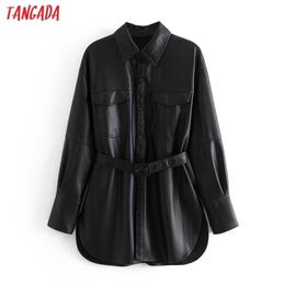 Tangada Women black faux leather jacket coat with belt Ladies Long Sleeve loose oversize boy friend Coat QN48 201026