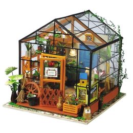 Robotime Miniature Dollhouse DIY Dollhouse with doll house furniture, Light Gift for Children Adults Kathy's Flower House LJ200909