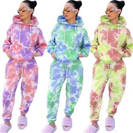 Womens Tie-dye Printing Sports 2Pcs Sets Fashion Trend Long Sleeve Hooded Tops Pant Suits Designer Spring Female New Loose Casual Tracksuits