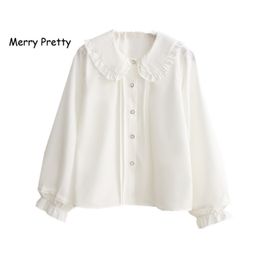 Merry Pretty white blouse women long sleeve cotton womens tops and blouses sweet Peter pan collar girl blusas mujer de moda