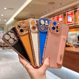 Chrome Soft TPU Cases For Iphone 14 13 Pro Max 12 11 X XS XR 8 7 Plus Luxury Strip Holder Strip Metallic Kickstand Push Wrist Band Strap Bracket Bling Love Heart Phone Cover