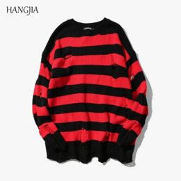 Black Red Striped Sweaters Washed Destroyed Ripped Sweater Men Hole Knit Jumpers Men Women Oversized Sweater Harajuku 201119