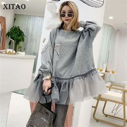 XITAO Tide Patchwork Mesh Pleated Sweatshirt Diamonds Women Clothes Elegant Fashion Pullover Top Autumn Korean WQR1548 201211