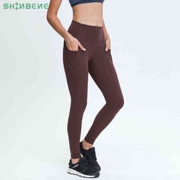 SHINBENE SIDE POCKET High Rise Sport Fitness Legging Women No Camel Toe Naked Feel Workout Gym Yoga Pants Exercise Pocket Tights H1221