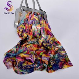 [BYSIFA] Luxury Pure Silk Scarf Shawl Women Spring Autumn Long Scarves Ladies Brand 100% Neck Foulard 175*52cm 220106