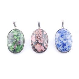 WOJIAER Natural Blue-veins stone Jade Gem Stone Pendant Oval Bead Silver Plated Healing Reiki Chakra for Necklace Jewelry BN377