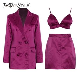 TWOTWINSTYLE Casual Three Piece Set For Women V Neck Sleeveless Vest Lapel Long Sleeve Blazer Mini Skirts Solid Sets Female 220302