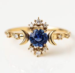 Female Moon Star Rings Blue Zircon Gold Colour Bridal Engagement Ring Vintage Stone Wedding Rings For Women