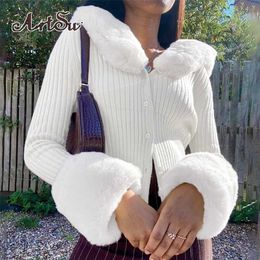 Artsu Ribbed Knitted Cardigans Sweaters With Fur Trim Collar Long Sleeve Slim Autumn Winter Jumpers Women Knitwear Chic 4 211222