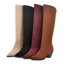 Botas de moda mujer rodilla alta gamuza de en cuñas tacón largo damas puntiagudo punteado otoño invierno zapatos grande 33-451