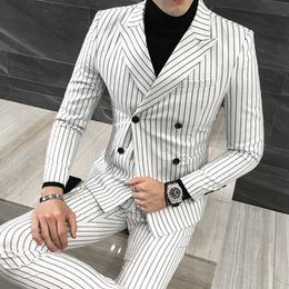 3 Pieces ( Jacket + Vest +Pants) Mens Double-breasted Suit Fashion Striped Groom Wedding Tuxedo for Men Casual Business Suit 201105