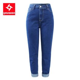 2233 Youaxon 100% хлопок высокая талия парня джинсы женские голубые густыми джинсовыми брюками мама джинсовые джинсы женские джинсы 201029