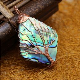 Rose Gold Color Tree of Life Wire Wrap Natural Paua Abalone Shell Rhombus Pendant 5 Pieces