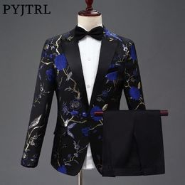 PYJTRL New Design Mens Stylish Embroidery Royal Blue Green Red Floral Pattern Suits Stage Singer Wedding Groom Tuxedo Costume 201123