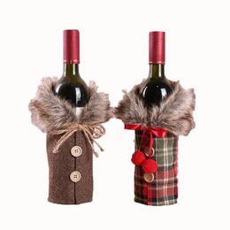 Toptan Noel Şarap Şişesi Kapak Dekorasyon Hediye Ev Partisi Şarap Şişeleri Yay Ekose Keten Fluff Giyim Süsleme