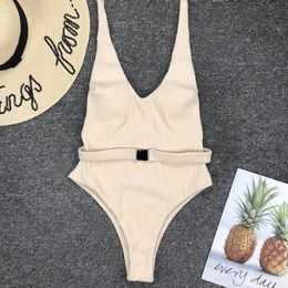 2021 Woman One Piece Swimming Suit Solid Colour Bikini With Belt Backless Beach Swimsuits