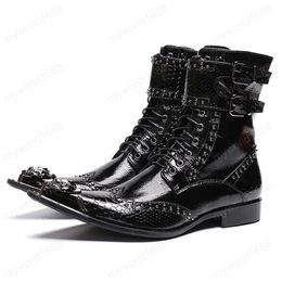 Man Belt Punk Footwear Pointed Toe High-Top Motorcycle Shoes Patent Leather Men's Rivet Long Boots