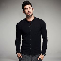 KUEGOU Cotton elastic men's long sleeve t shirt male slim autumn open collar men's fashion tshirt top plus size 201203