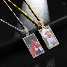 Iced Out Custom Photo Square Medallion Necklace & Pendant 4mm Tennis Chain Zircon Hip Hop Picture Jewellery Men Women1