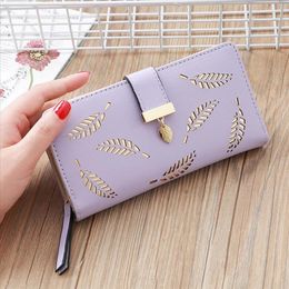 Hot Sale Long Wallet Women Purses Leaves Hollow Coin Purse Card Holder Wallets Female High Quality Clutch Bag Pu Leather Wallet