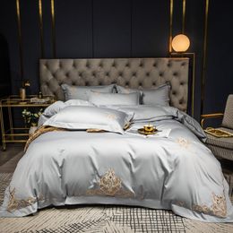 60S Egyptian cotton Bedding Set Embroidered solid color duvet cover bed linen wedding hotel pillowcases fitted sheet flat sheetl 201128