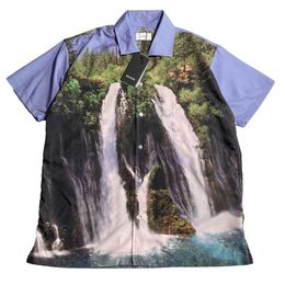 Men's Casual Shirts High version 20ss rhude landscape forest waterfall oil painting stream letter Hawaiian men's and women's Short Sleeve Shirt