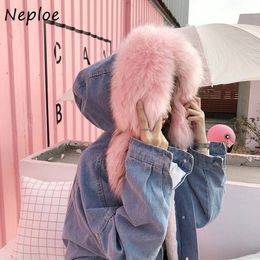 Neploe Double Pockets Single Breasted Winter Denim Jacket Women Hooded Fur Collar Cotton Coat Fashion Loose Femme Parkas 201027