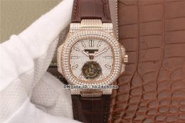 R8F Nautilus 5711 Rose Gold Full Diamonds Real Tourbillon Mechanical Hand-winding Mens Watch Diamond Dial Leather Strap Gents Sports Watches