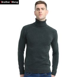 Brother Wang New Autumn Winter Brand Sweater Men's Turtleneck Slim Pullover Solid Color Knitted Sweater Men 201026