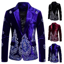 PYJTRL Men Autumn Winter Burgundy Blue Black Velvet Embroidered Suit Jacket Blazers LJ201103