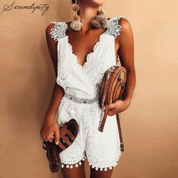 Embroidery White Sexy Lace Women Playsuit Summer Backless Tassel Pompon Female Jumpsuits Rompers Ladies Short Elegant Jumpsuit T200704