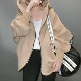 Spring Casual Women Harajuku Hoodies Sweatshirt Coat Zip Up Outerwear Hooded Jacket Plus Size Outwear Tops Simple Brown 201030